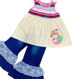 Girls Jelly The Pug Appliqué Tank & Blue Denim Lace Ruffle Capris Size 7